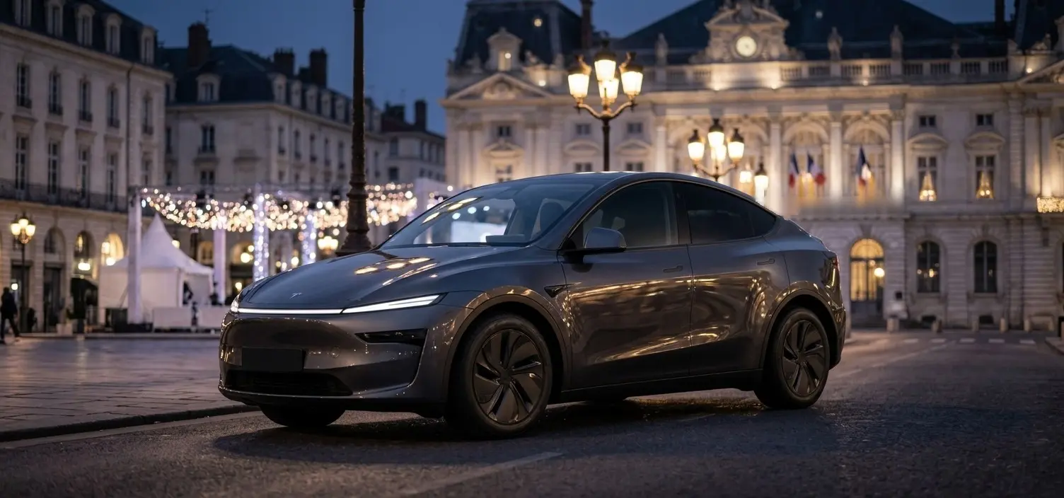 Tesla Model Y gris foncé de nuit sur une place illuminée